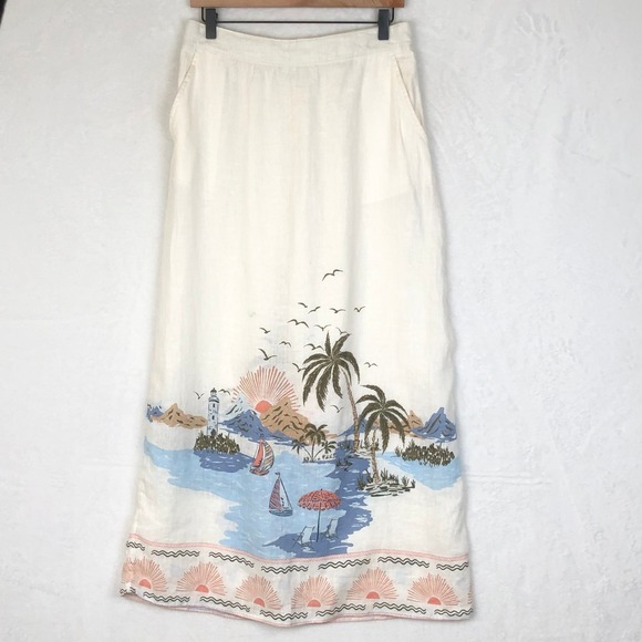 NWOT Cynthia Rowley 100% Linen Maxi Skirt Sz M Coastal Print Tropical Beach NEW - Picture 1 of 7